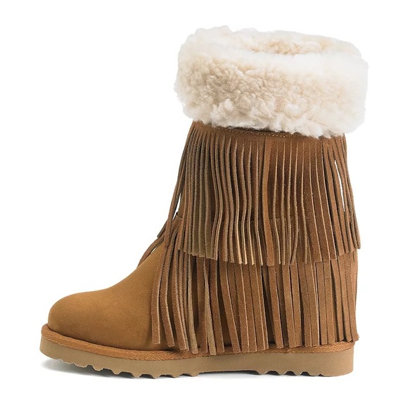 Madden Girl Brown Cognac Faux Fur Sleet Fringe Wedge Platform Boots - Picture 4 of 5